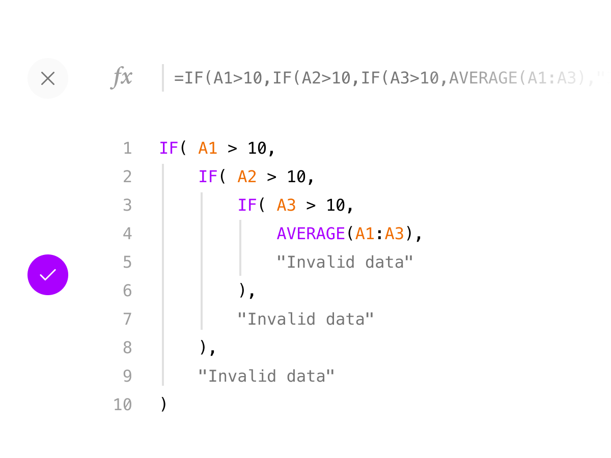 Two contrasting examples of the same code. The first is a long formula laid out on a single line which is really long and fades as you go left-to-right. The second is that same formula but formatted across multiple lines like you’d see in an IDE.